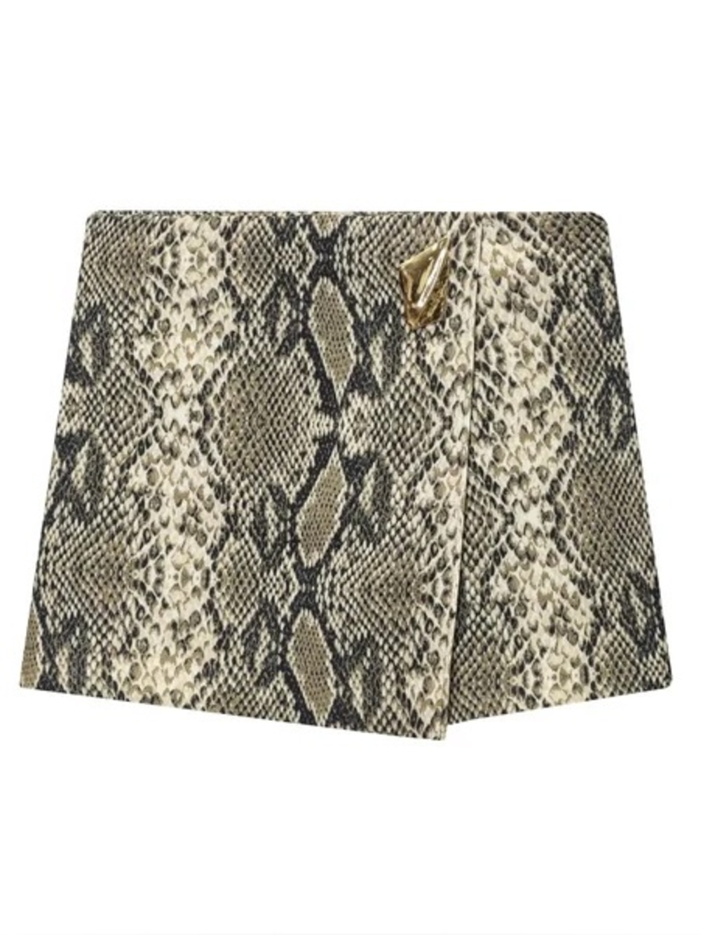 ZARA Snake Print Wrap Mini Skort Skirt Mini Black Cream S Gold Detail Animal